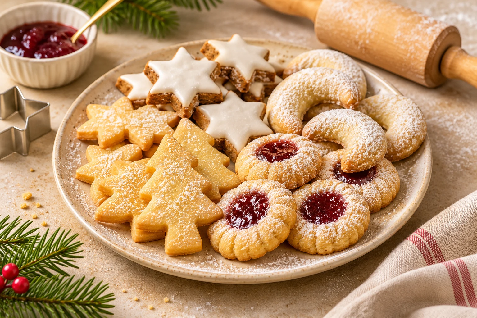 Goldgelb gebackene Butterplätzchen mit Puderzucker und bunten Streuseln